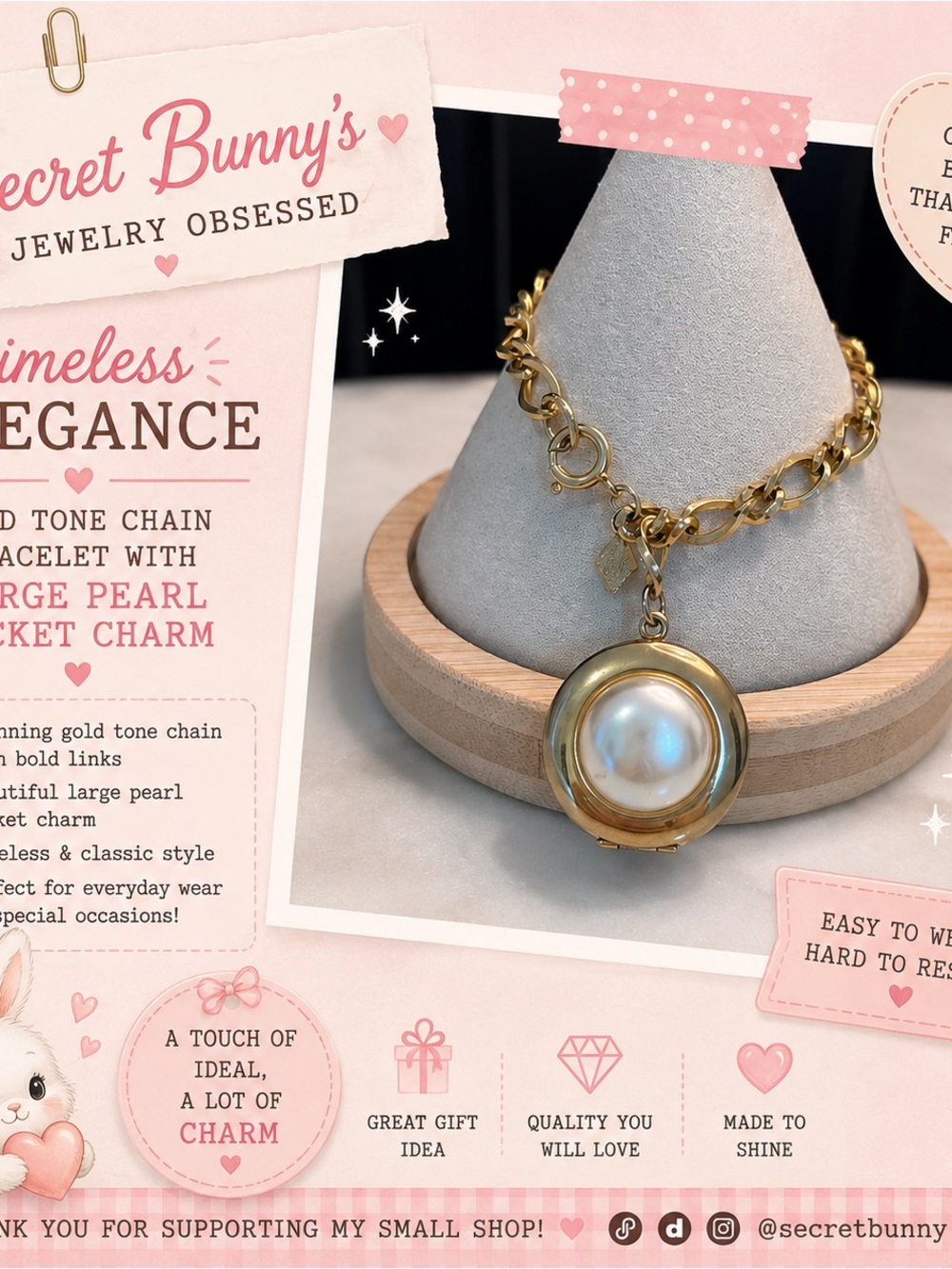 Gold Tone Chain Bracelet with Large Pearl Locket Charm